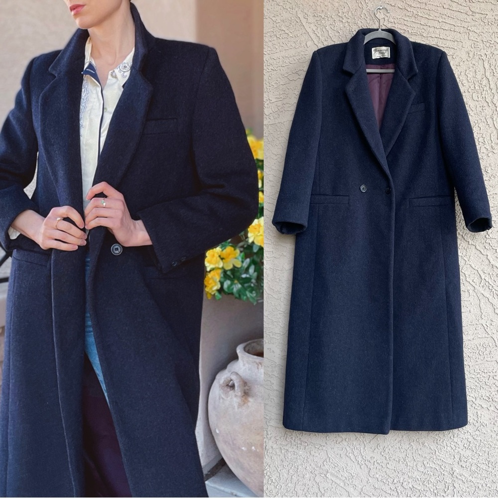 VINTAGE FERNCROFT Dark Navy 100% Wool Trench Coat Long Wool Coat Anglo Fabrics
